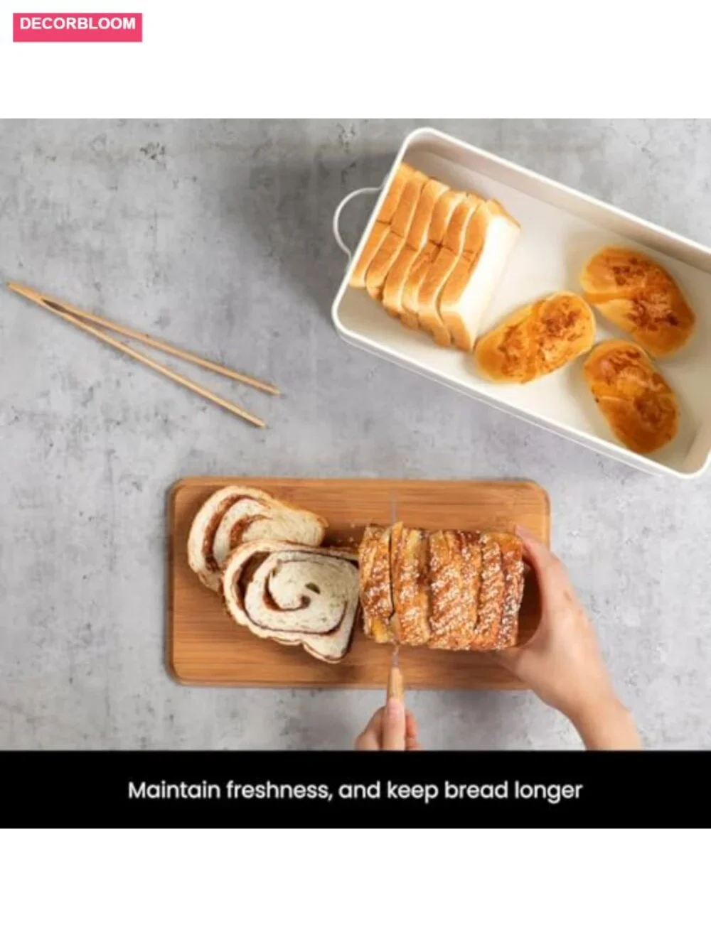 White Metal Bread Box with Wood Cutting Board Lid and Side Handles